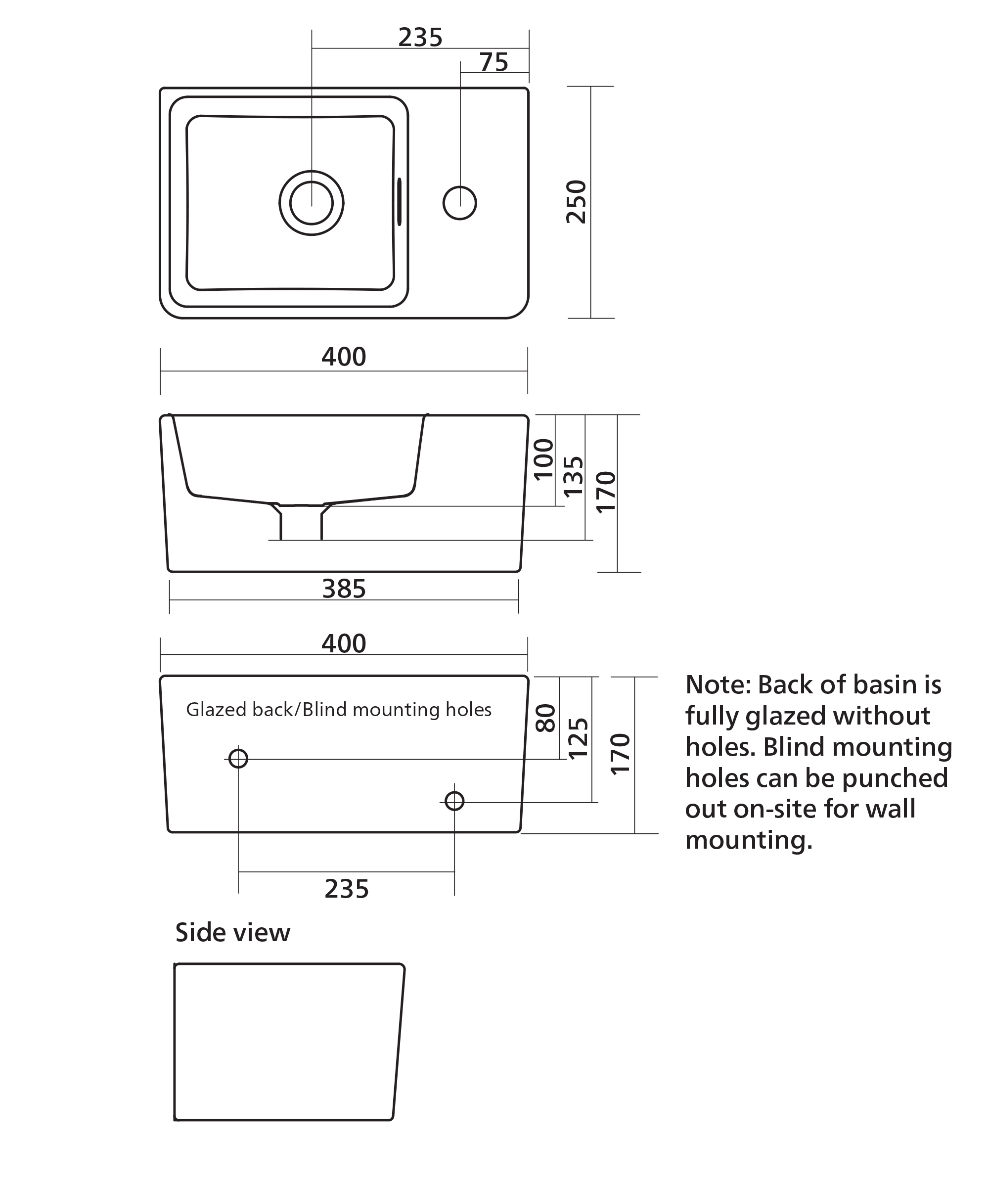 Kyra 404 ceramic basin wall hung or top mount - Image 3